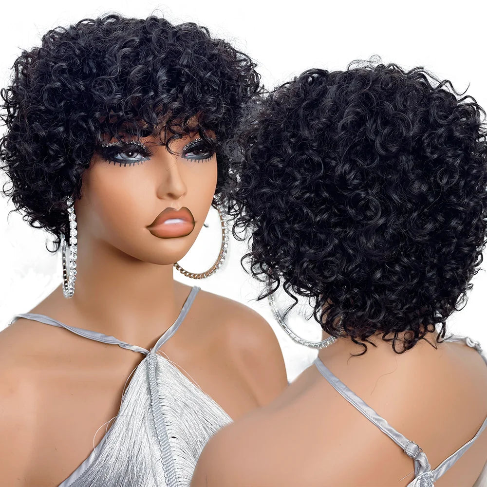 Human Hair Bouncy Curly Wigs, Glueless with Bangs