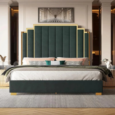 Velvet Upholstered Bed Frame with Gold Trimmed Headboard/No Box Spring Needed