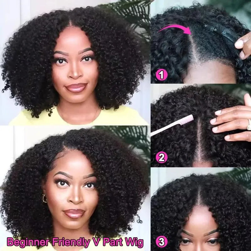 V Part Wig Human Hair 12A Upgrade Kinky Curly V Part Wig Human Hair Wigs for Women 200% Density No Leave Afro Curly V Shape Wigs