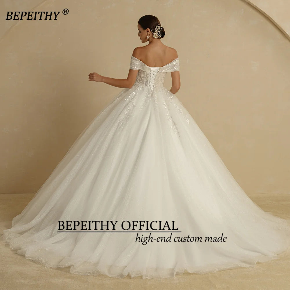 BEPEITHY Customized Beading Princess Off Shoulder Sleeveless Women Glitter Ball Bridal Gown