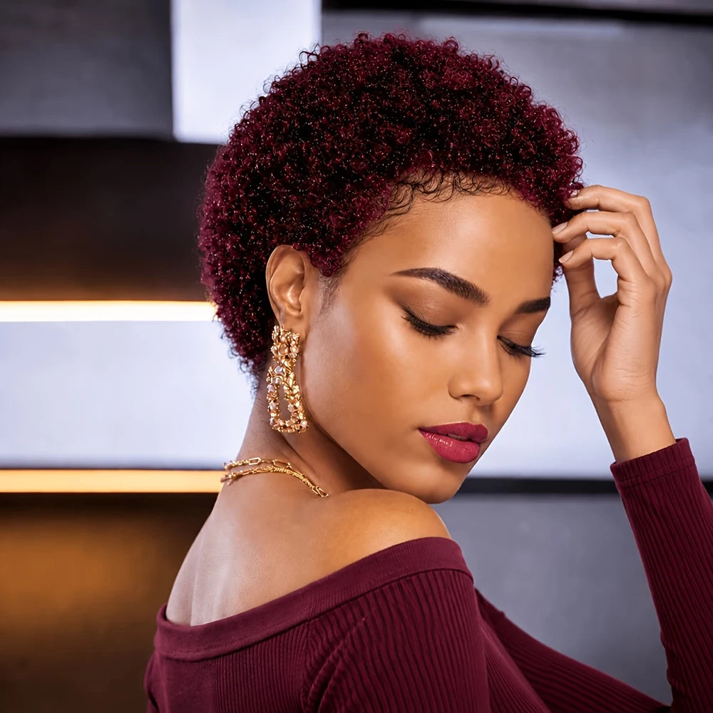 Short Kinky Curly Wigs Pixie Cut Wigs Human Hair for Women Bazilian Hair Machine Made Cap Natural Black/Brown/Burgundy Color Wig
