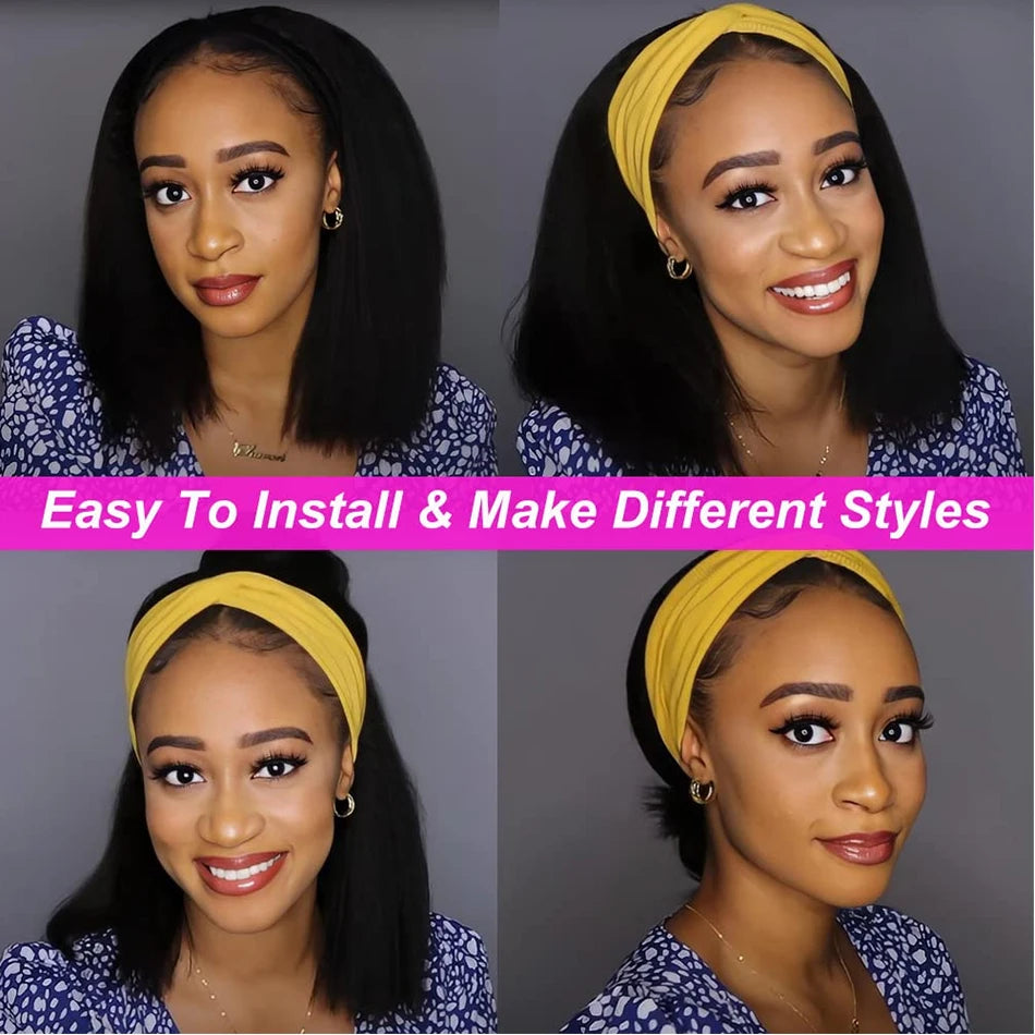 Short Bob Wig 250 Density Kinky Straight Headband Human Hair Wigs Clearance For Women Machine Made Yaki Straight Virgin Hair