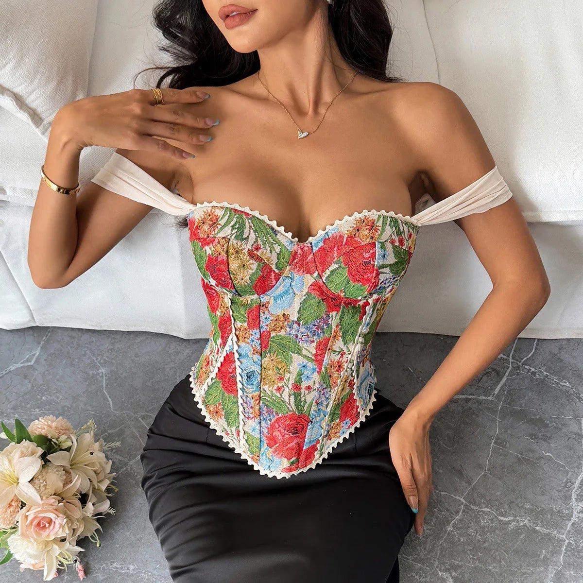 Women's Clothing Newest Niche Retro Style Jacquard Court Style Chest Support Fish Bone Colorful Printing Corset Underbust