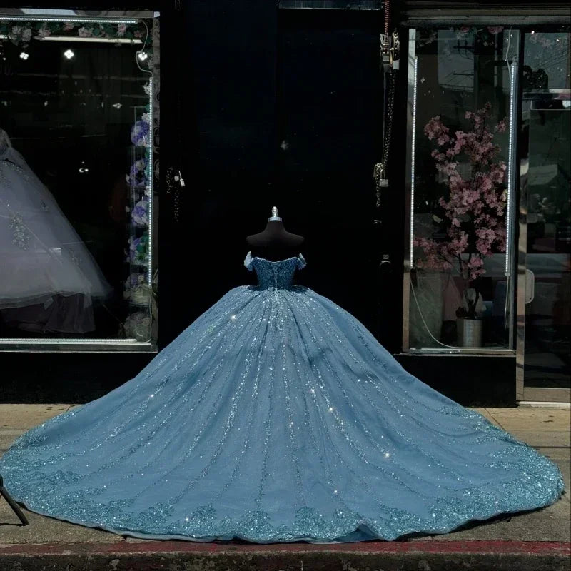 Blue Dresses Beading Appliques Off-Shoulder Gown