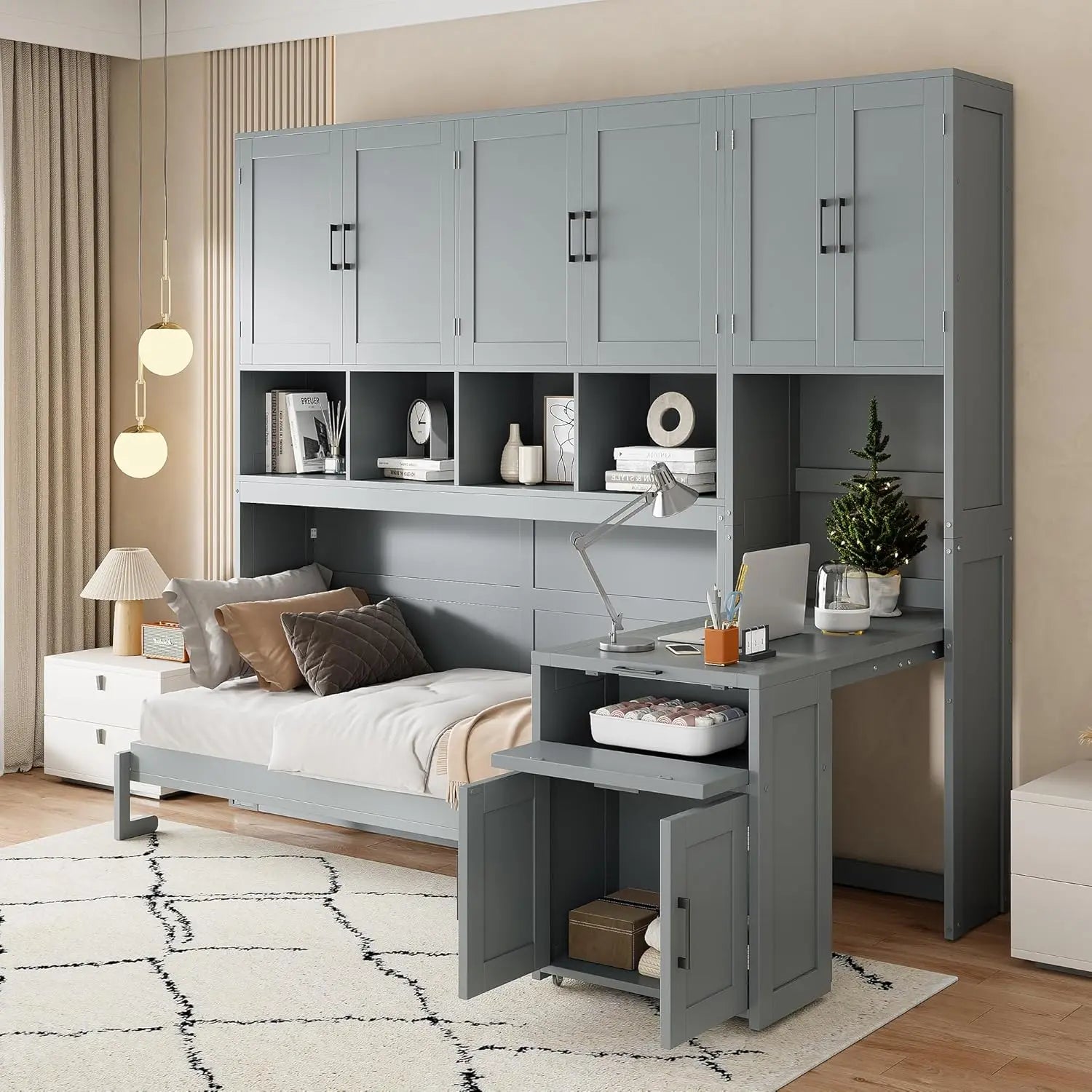 Twin Size Murphy Bed, Wooden Wall Bed Frame with Closet, Drawers & Desk