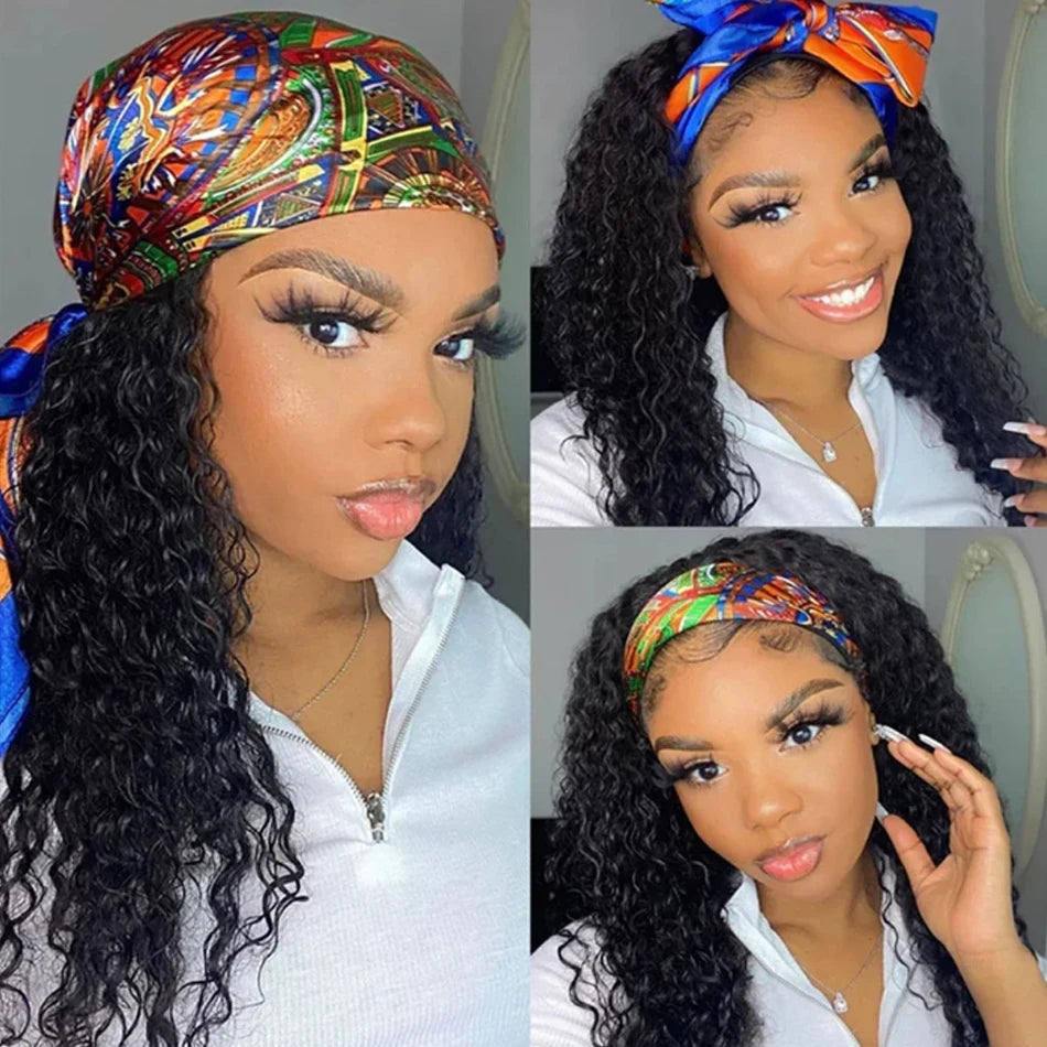 Afro Kinky Curly Headband Human Hair Wig For Black Women Glueless No Gel Ready To Wear Natural Indian Wigs Headbands Deep