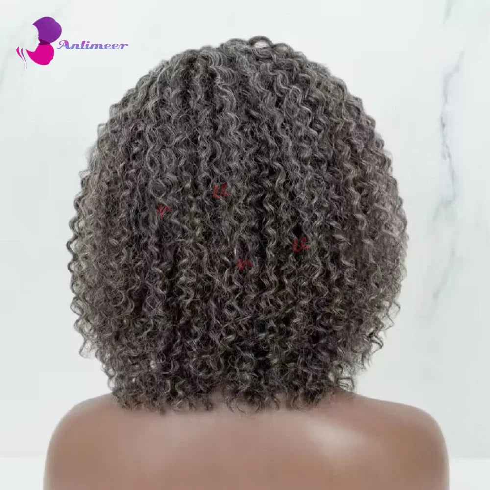 Kinky Curly Left Part Brazilian Human Hair Mixed Silver-Grey Wig