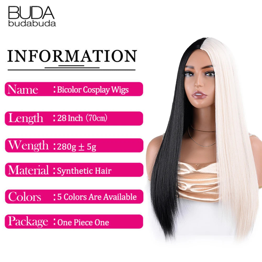 Synthetic Half Black Half White Two Tone Cosplay Wig 28Inch Long Straight Bicolor Wig Hair Middle Parting For Women Daily Party