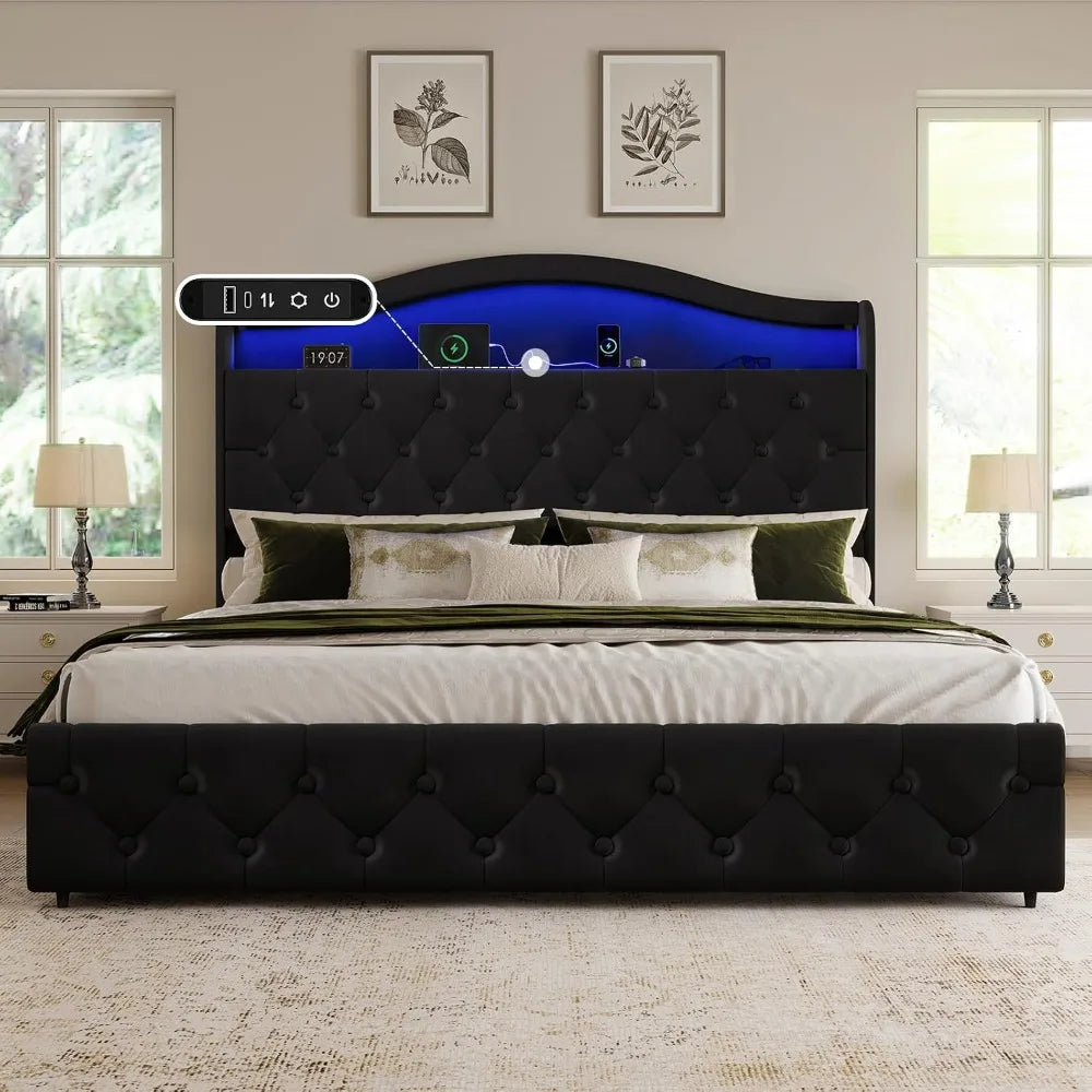 King Size Upholstered Platform Bed Frame With Headboard & 4 Storage Drawers, RGB LED Lights & Charging Station, Custom