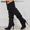 Pointed Toe Thin Heel Over Knee Boots Flock Splicing Side Zipper Chelsea Boots