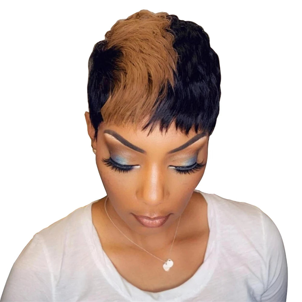 Short Human Hair Pixie Cut Wig with Bangs