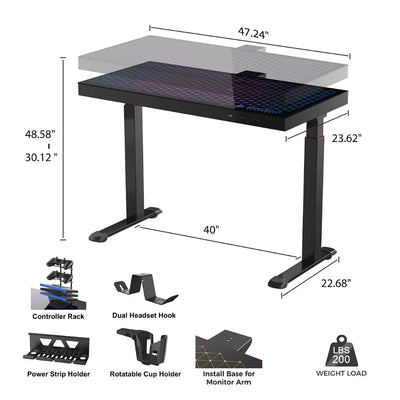 Electronic Glass Gaming Desk Music Sensing LED Light Up Standing Desk, 47 Inch
