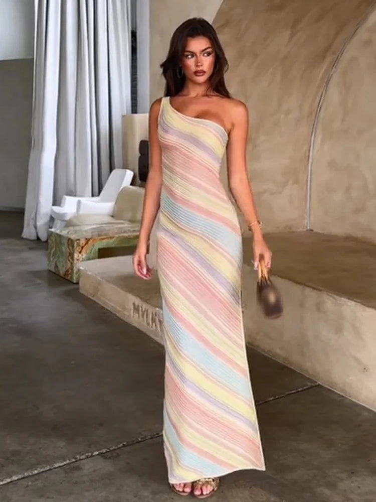Women Rainbow Diagonal Stripe Maxi Dress One Shoulder Strap Slim Bodycon High Slit Knit Vestido Summer Beach Vacation Outfit