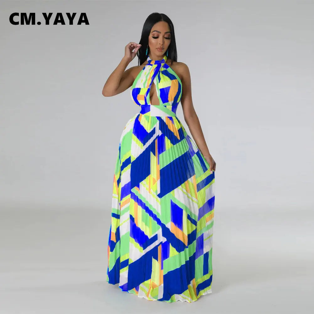 Geometrical Striped Halter Neck Backless Pleated Big Swing Maxi Long Dress