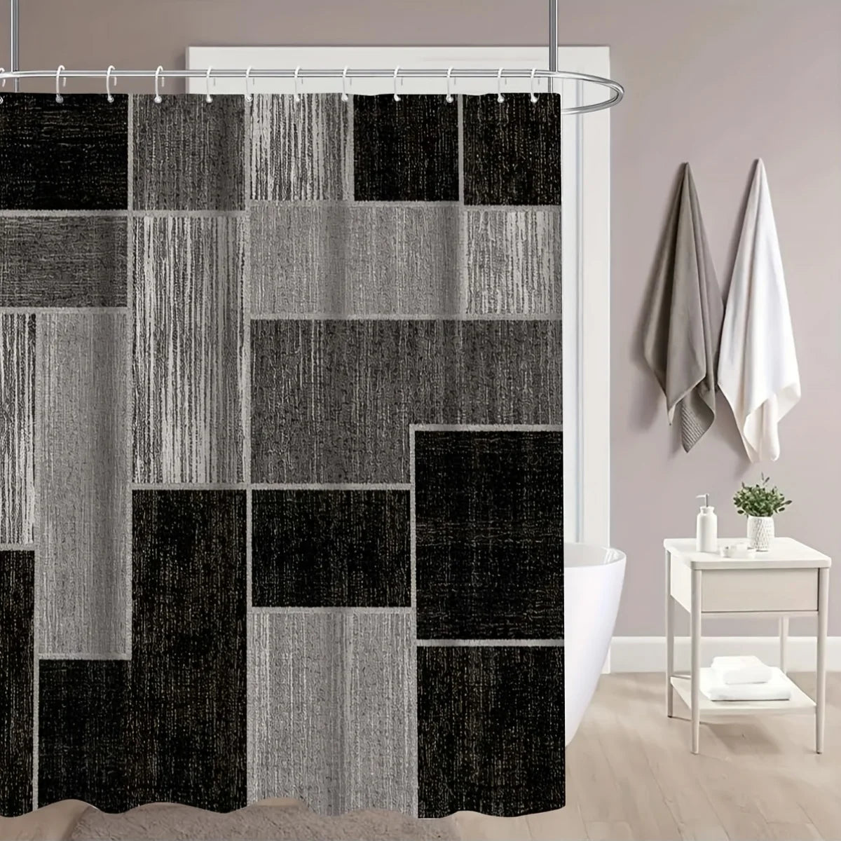 2D Flat, 4pcs 2D Flat Print Shower Curtain Set, Including Shower Curtain, Floor Mat, U-shaped Mat, and Toilet Seat Cover. 4pcs Modern Minimalist Shower Curtain Set, Black, White, and Gray Square Geometric Print Bathroom Decor