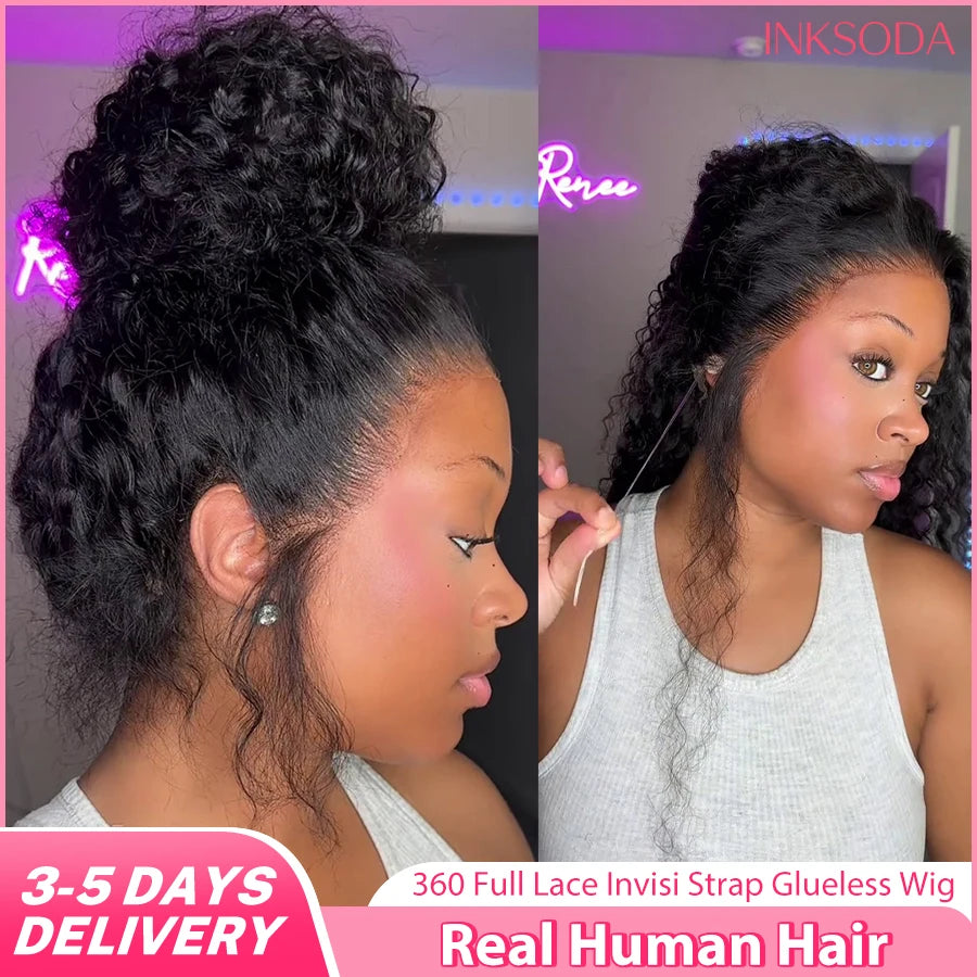Curly 360 Full Lace Wig Invisible Drawstring Deep Wave Frontal Wig Human Hair Wigs HD Lace Front Wig 220 Density 30Inch Glueless