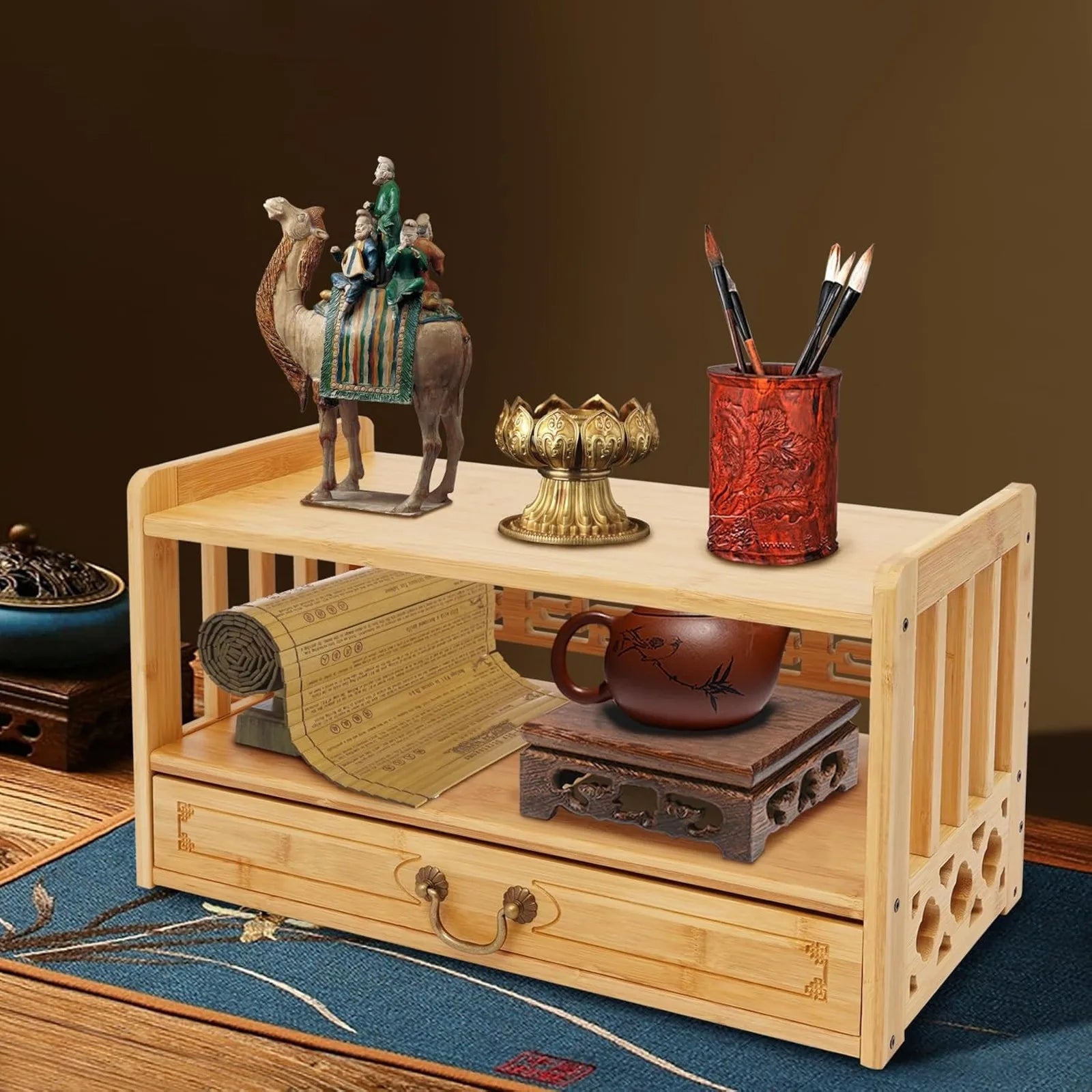 Altar Table with Drawer, Meditation & Floor Table, Tatami Coffee Table, Low Height Bamboo Furniture for Puja, Divination, Worship, Displaying Jars, Plants and Books (Wood Color, 20″ Wide)