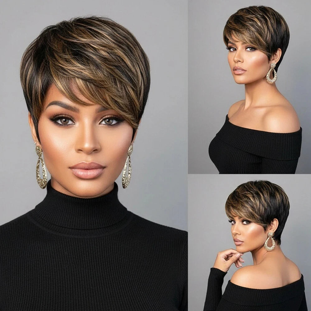 Short Layered Straight Pixie Cut Finger Waves Wigs Human Hair 100% Natural Realistic Tangle Free Full Machine Made For Women