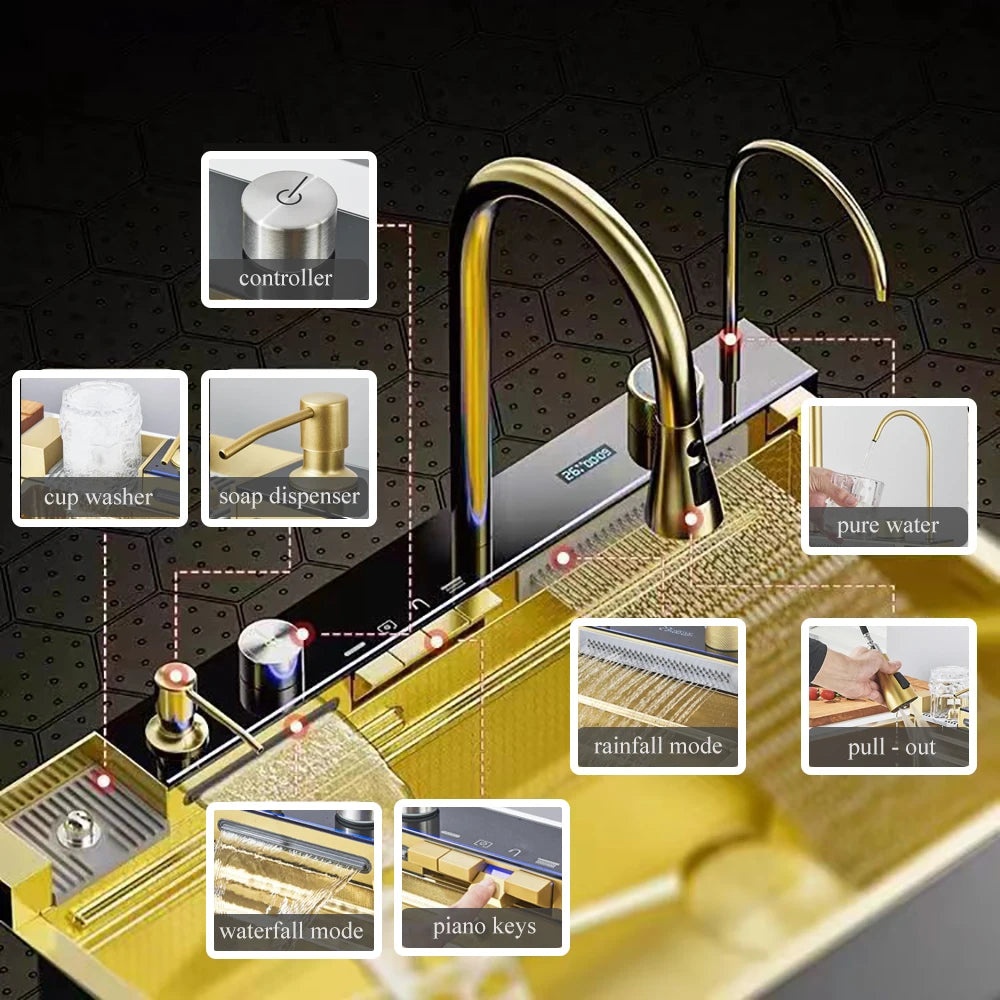 Multifunctional Waterfall Large Kitchen Sink with Digital Display