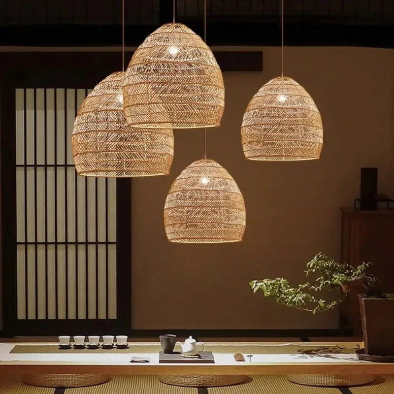 Round Hanging Natural Rattan Wicker Pendant Light Fixture