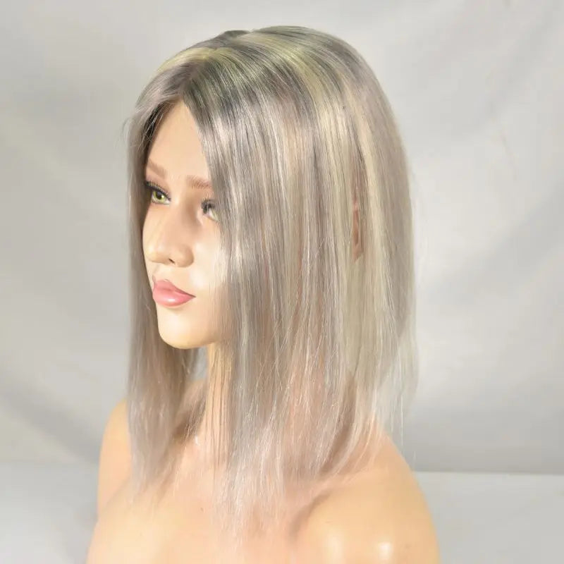 Pwigs Grey European Human Hair 4x6 Inch Base Mono Lace with PU Clip-In Hair Topper