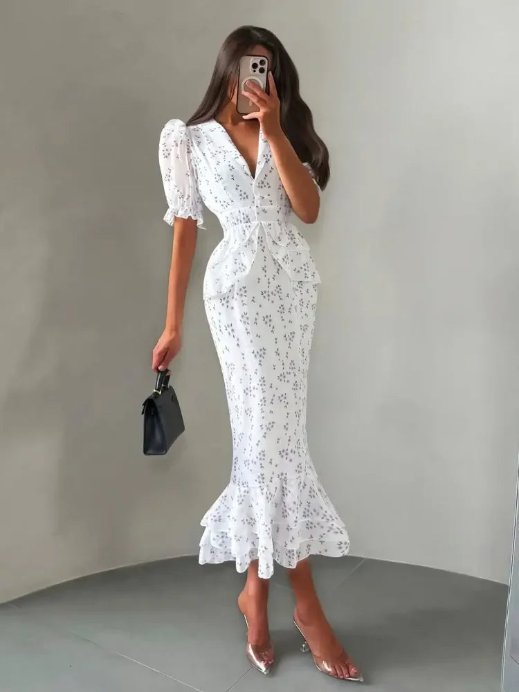 Women Elegant Printed V-neck Dress Chic Lapel Waist Cinched Pleated High Waisted Dresses 2026 Summer New Lady Vacation Vestidos