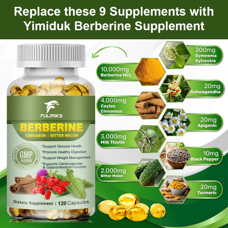 Berberine Capsules + Ceylon Cinnamon + Bitter Gourd, Support Lowering Blood Sugar, Immune System, Improve Heart Health