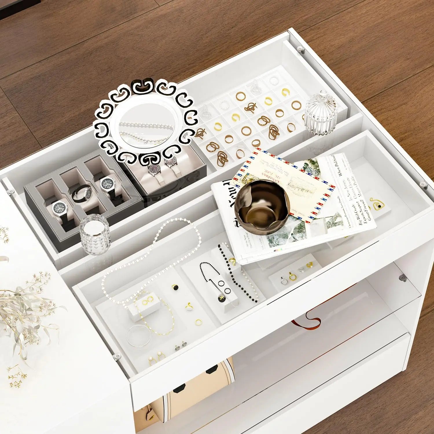 White Wooden Wardrobe Armoire with Glass Top, 6 Drawers & Open Shelves