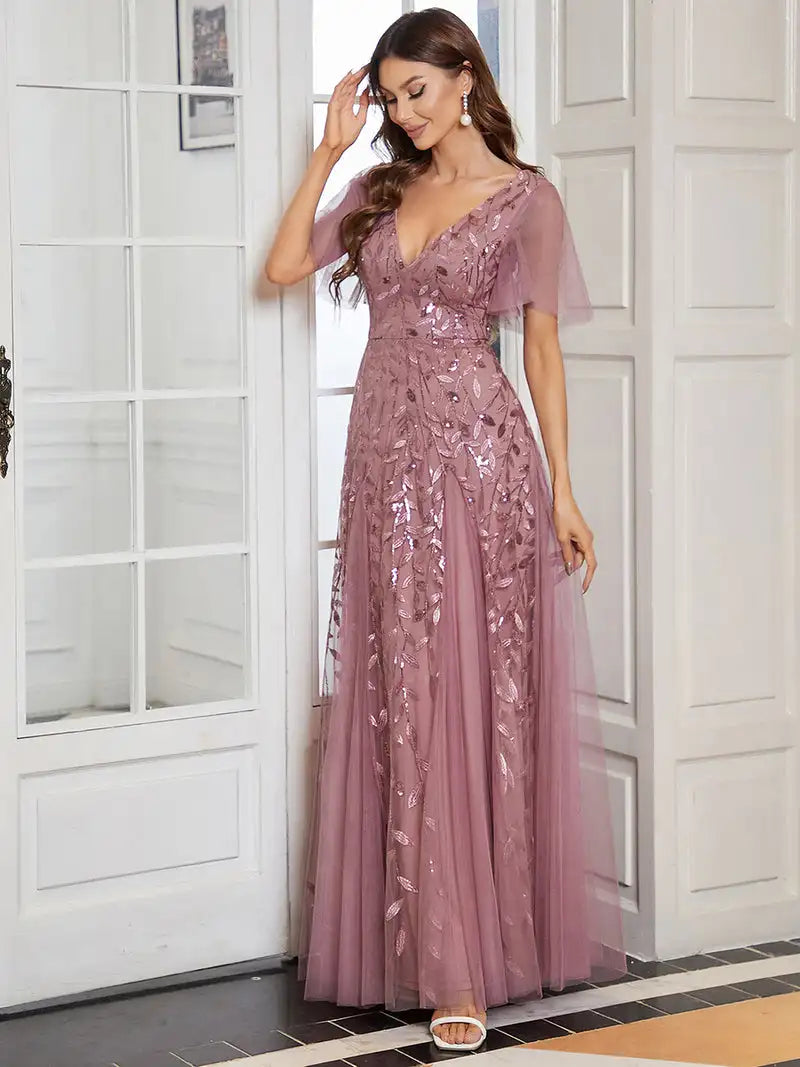 Elegant Romantic Shimmery V-Neck Ruffle Sleeves Ever Pretty Orchid Chiffon Maxi Long Evening Gowns