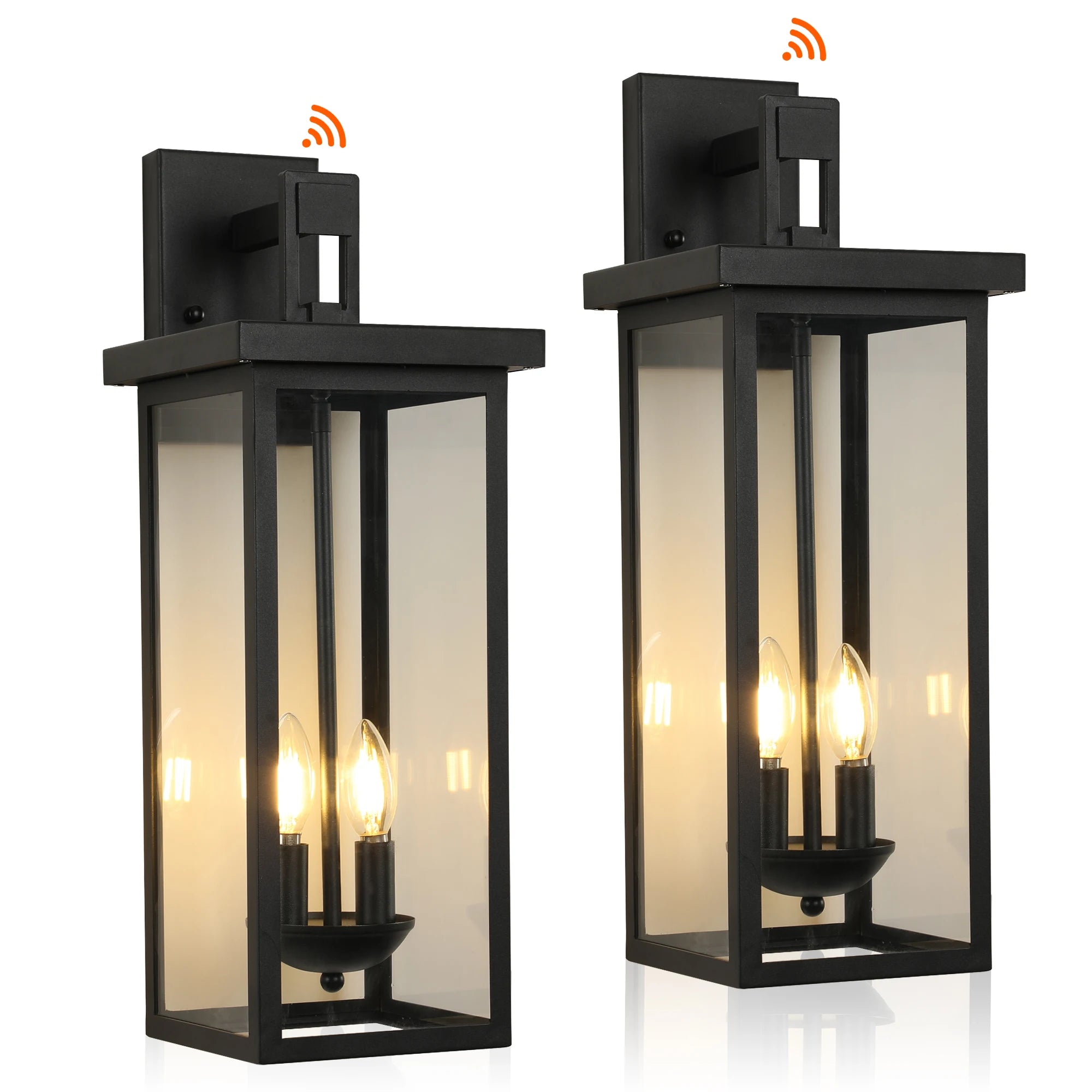 22"(H) Outdoor Wall Lantern with Dusk to Dawn Sensor Matte Black Finish Clear Glass Panels Weatherproof Exterior Light