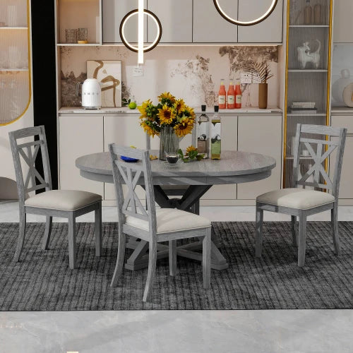 5-Piece Retro Functional Round Extendable Dining Table and 4 Upholstered Chairs (Grey)