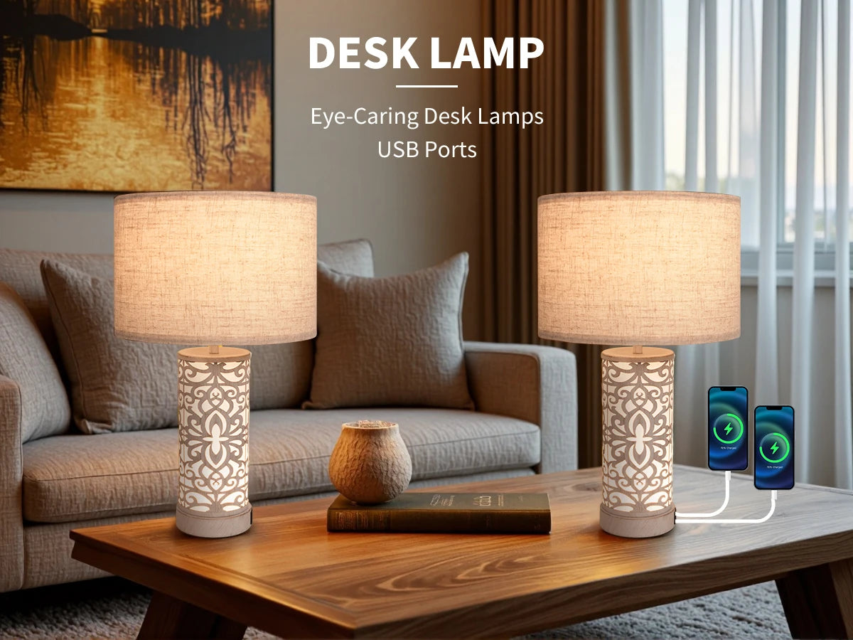 Retro Farmhouse Table Lamp with Multi-Function and Dimmable, Two Packs + 2 USB Ports, Includes Bulb