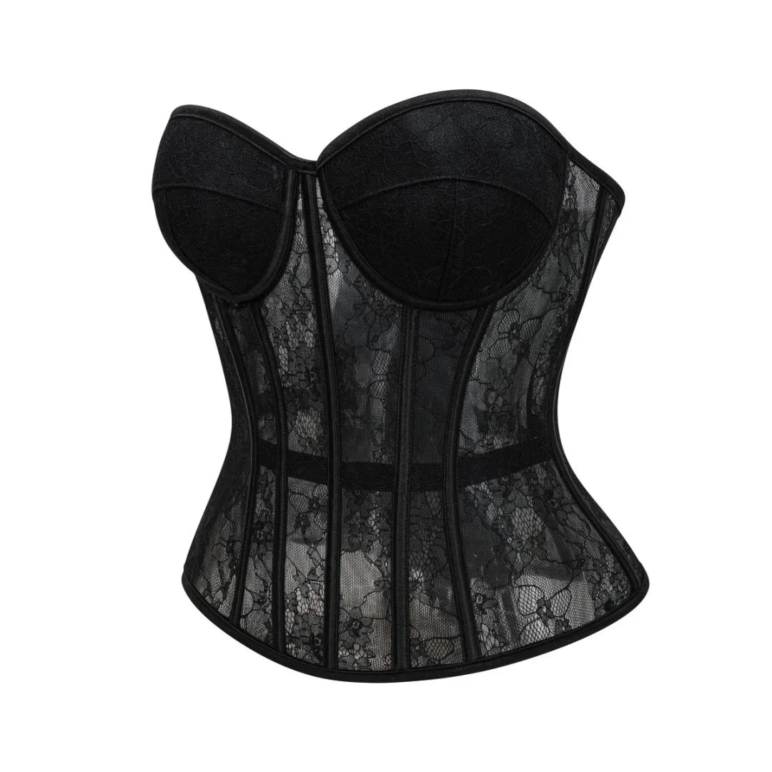 Black See Through Floral Lace Boned Push Up Cup Corset Lingerie Body Shaper Woman Bustier Crop Top Gothic Exotic Corsetto Nero