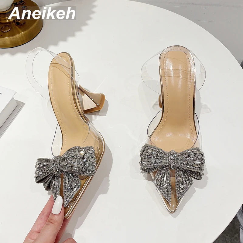 Women's Slingback Buckle Strap Pointed Toe Butterfly-Knot Transparent Rhinestone Heels