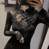Long Sleeve Slim Chinese Turtleneck Black Sexy  See Through Top