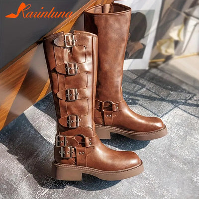Thick High Heels Women Mid Calf Boots 2023 Hot Punk Gothic Knee High Motorcycles Boots Buckle Comfy Walking Boots Autumn Winter