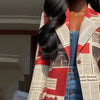 Modigirl Newspaper-Print Pattern Notched Collar Long Blazer