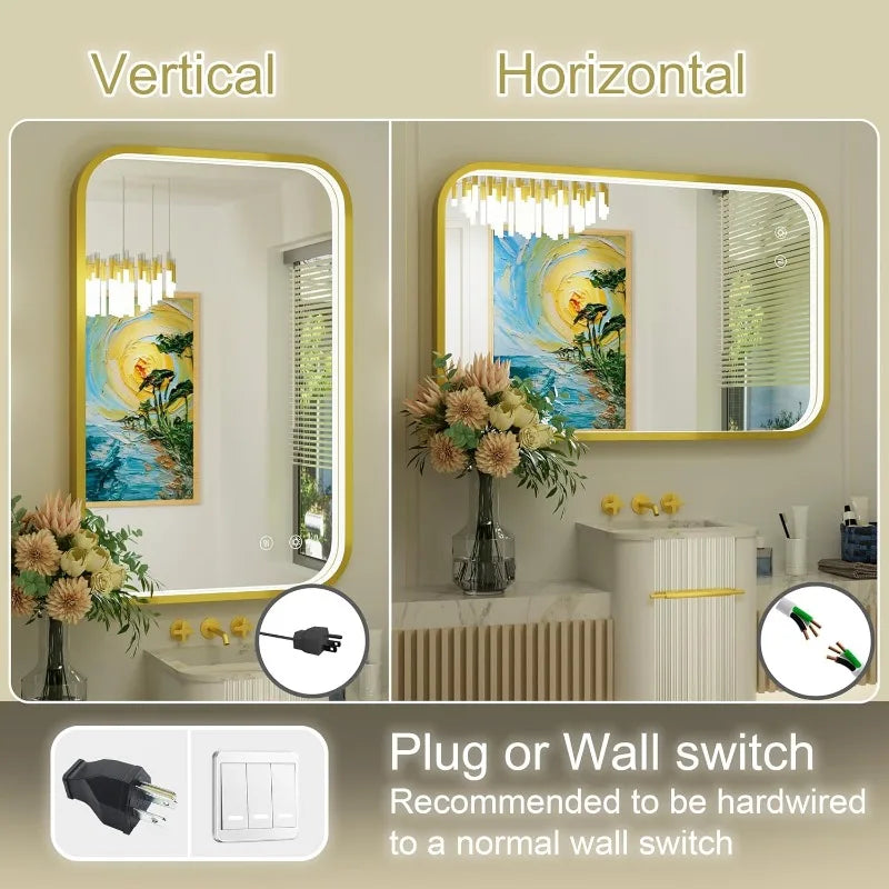 24x36 Inch LED Wall Mounted Gold Frame Bathroom Mirror, Vanity Mirror with Lights