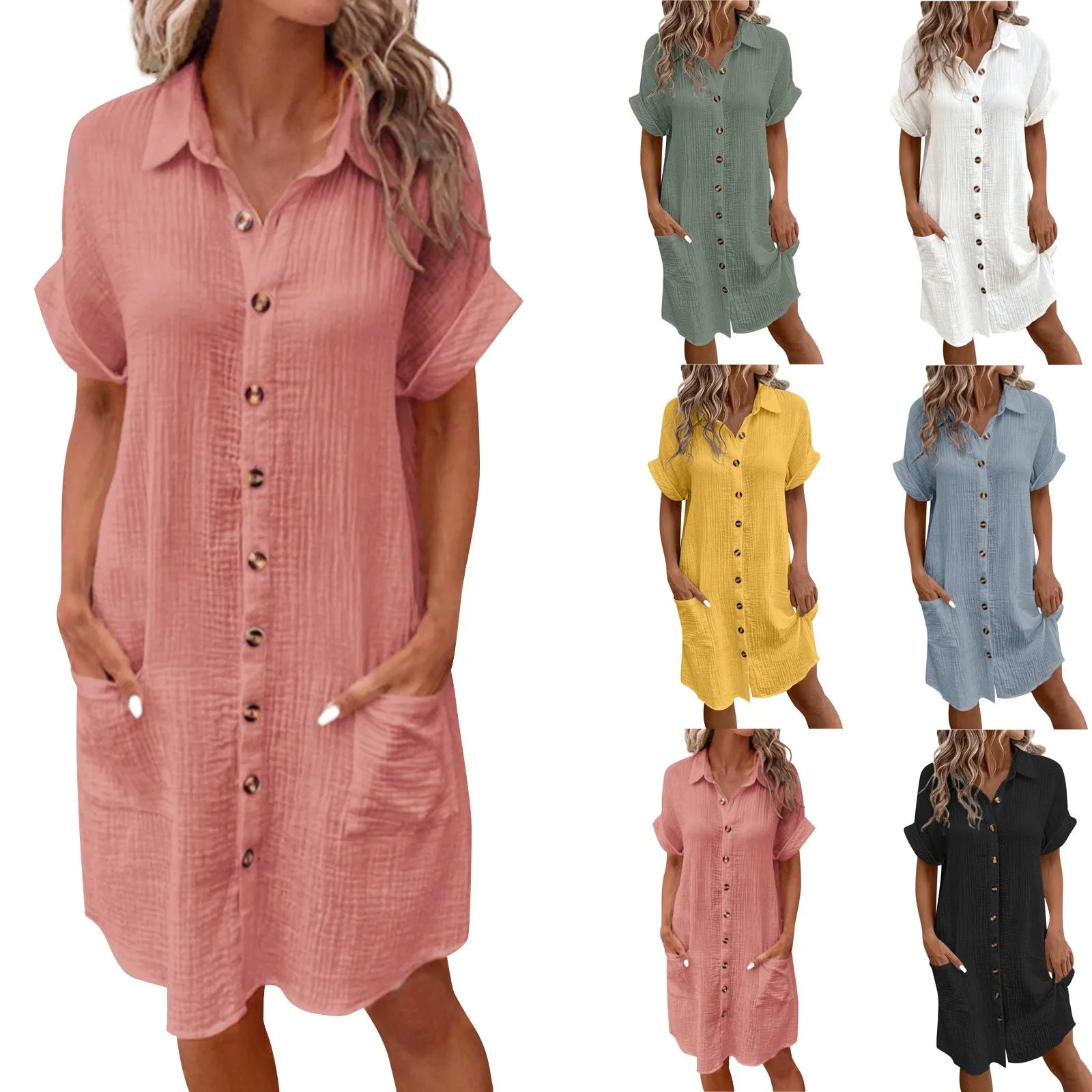 Summer New Women'S Dress Fashionable Casual Solid Color Dress With Pockets Button Knee-Length Short Sleeve Loose Textural Dress