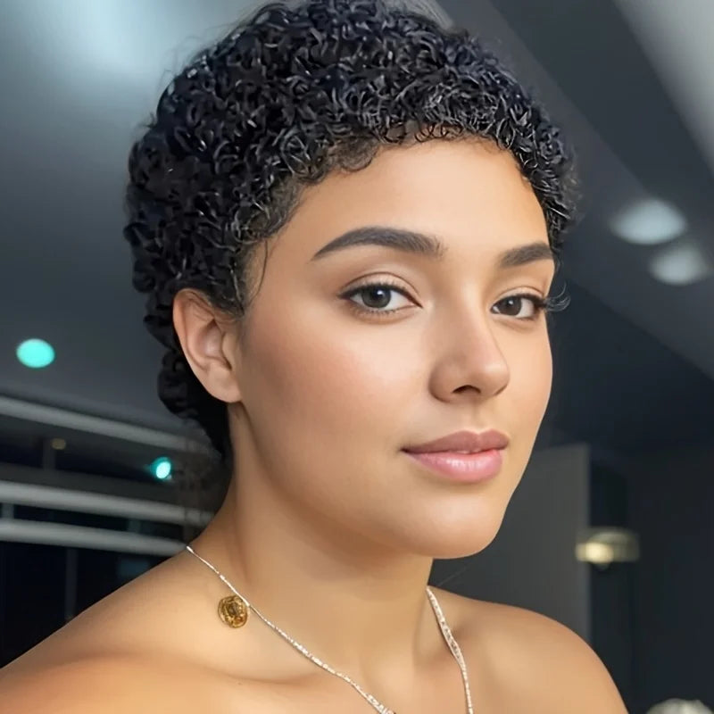 Human Hair Short Afro Kinky Curly Pixie Cut Wig Machine Made Short Wigs for Women
