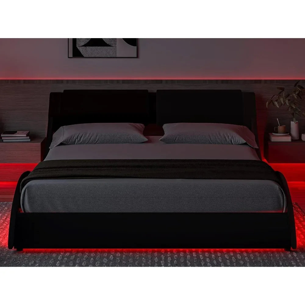 Curved Faux Leather Platform Bed Frame with RGB LED Lights