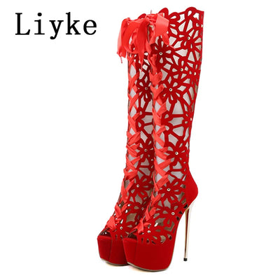 Liyke 16CM Ultra Thin High Heels Sexy Nightclub Hollow Out Over The Knee Boots