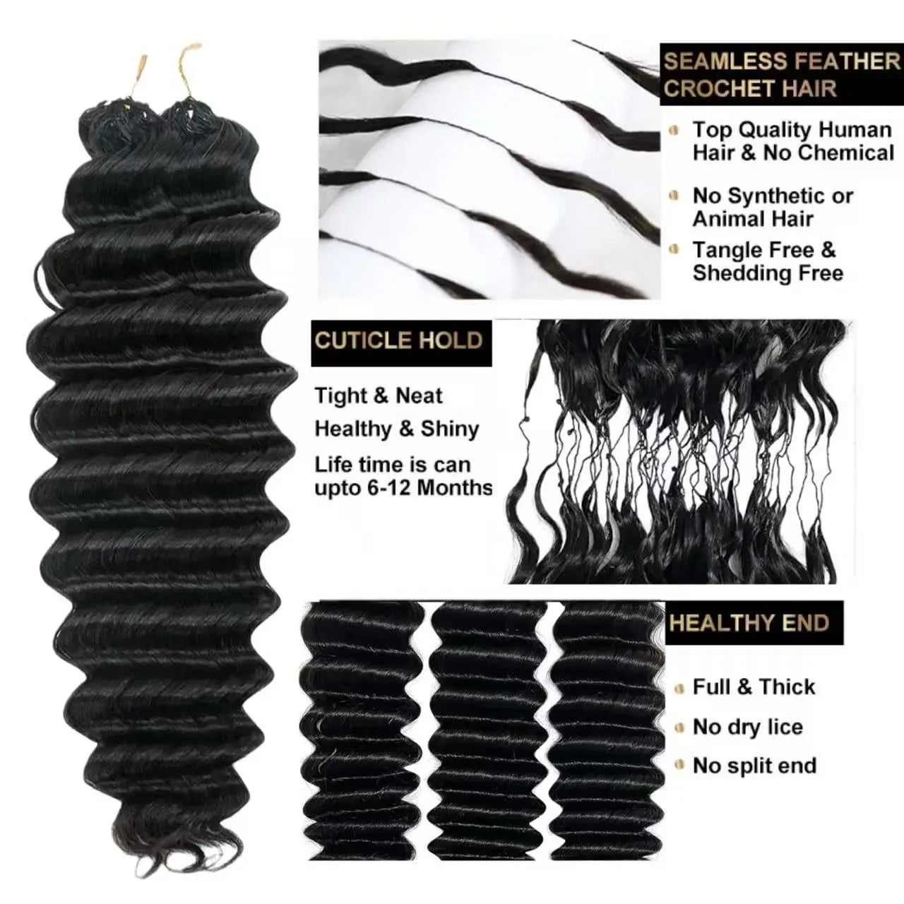 Burmese Curly Feather Crochet Human Hair Pre Looped Pre-Separated Deep Wave Reusable Invisible Virgin Hair Crochet Extensions