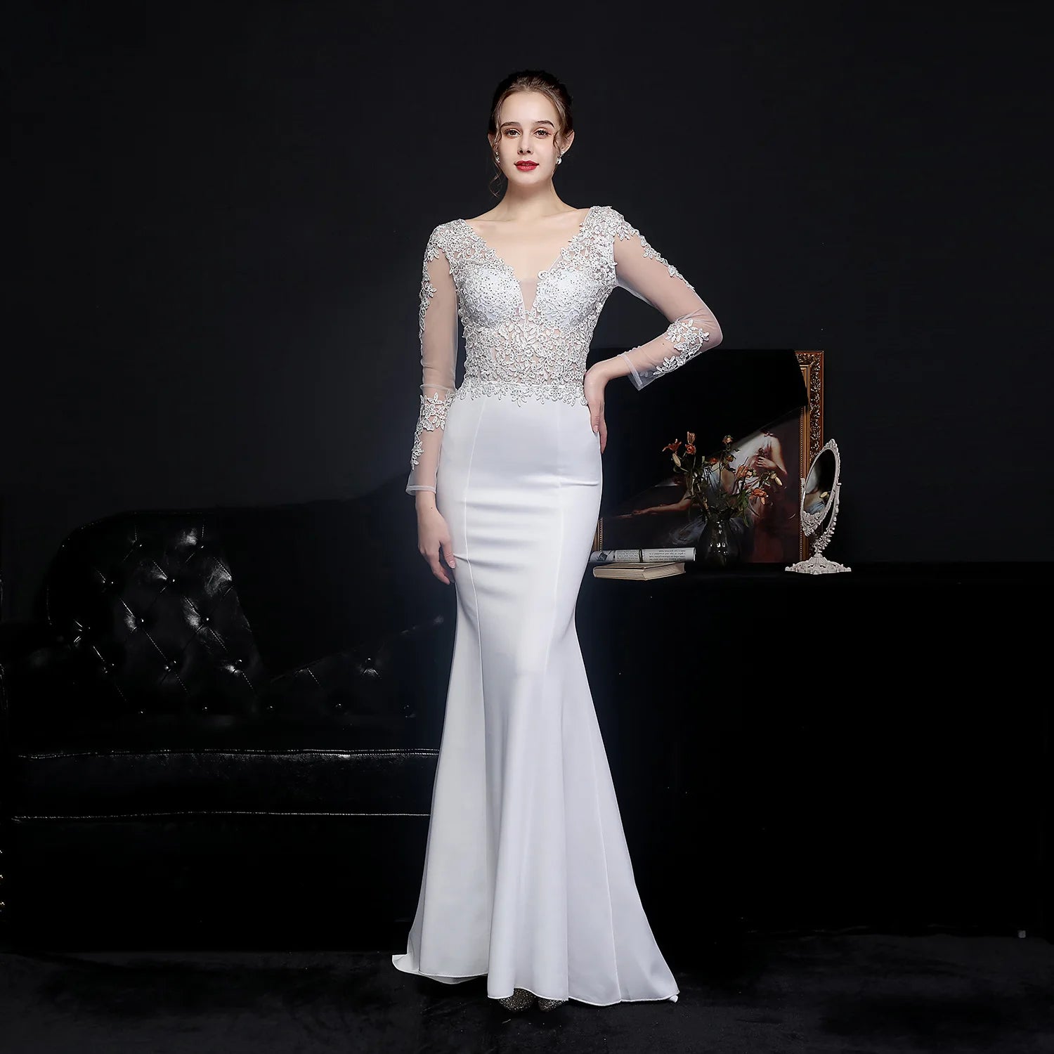 YIDINGZS White Long Dress V-neck Appliques Full Sleeve Evening Dress See through Elegant Wedding Dress 18569