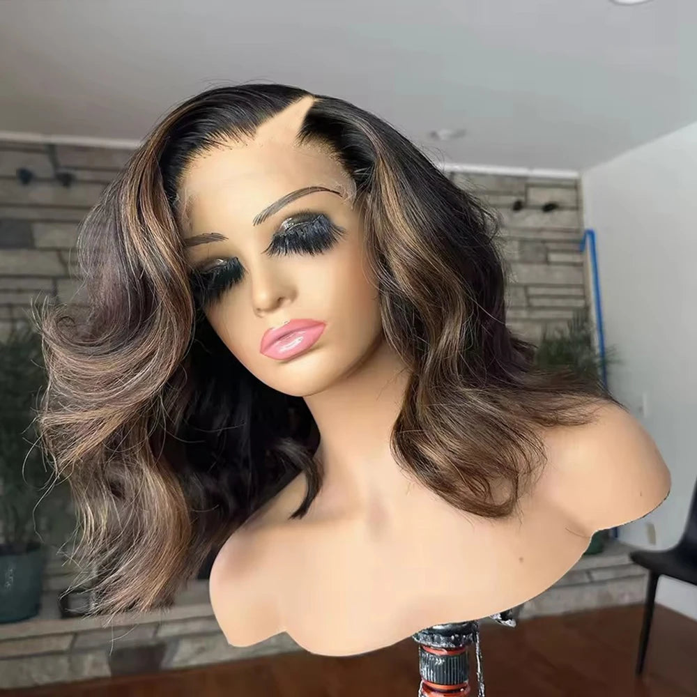 Highlights Caramel Brown Highlight Short Wavy Smooth Human Hair Honey Balayage Blonde V Part Wigs Women U Part Wigs Glueless