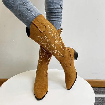Embroidered Cowboy Boots for Women Knee High Midium Chunky Heel Pointed Toe Retro Classic Western Cowgirl Boots