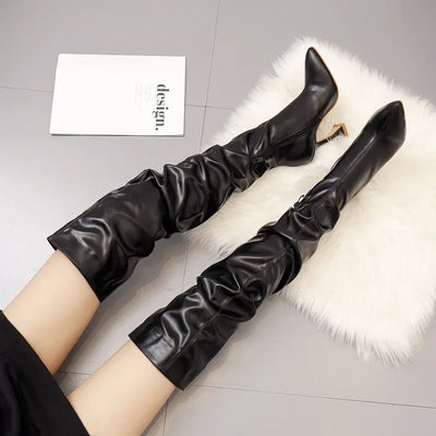 Stiletto Pointed Toe White Heeled Leather Knee High Boots Wine Glass Heel