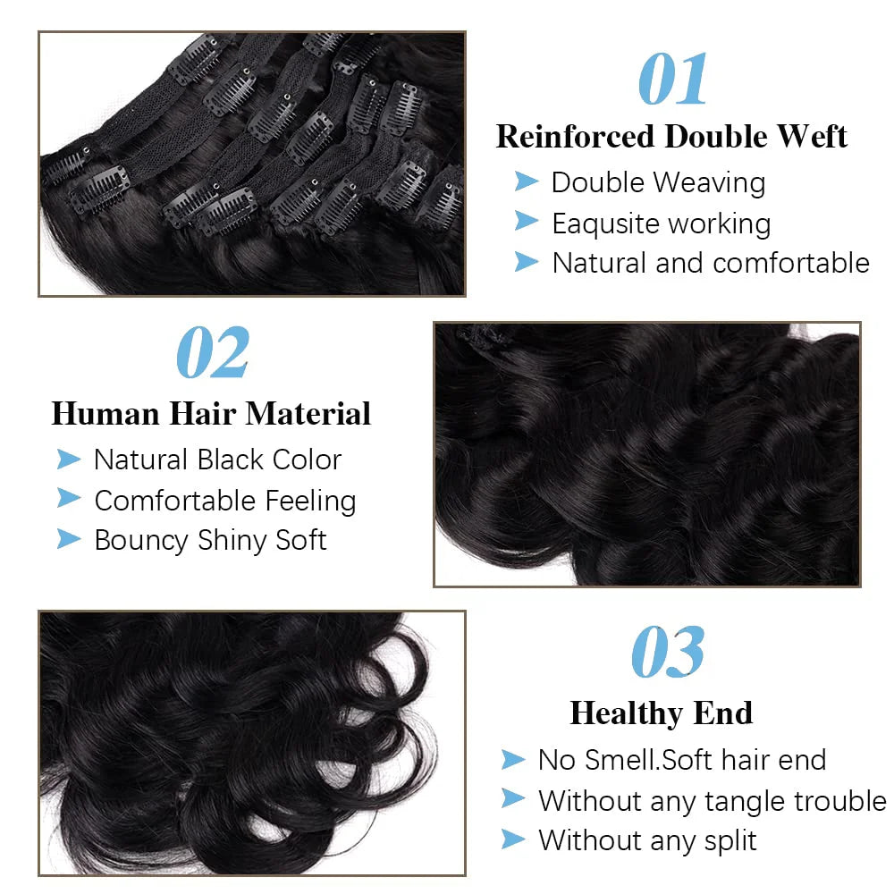 Clip In Human Hair Extensions 120g/set Body Wave 18Clips Full Head Natural Brazilian Clip on Hair Extension 10-26 Inch for Women