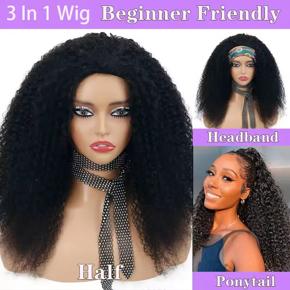 Upgrade 3 IN 1 Half Wig With Drawstring Seamless Clip Ins Flip Over Kinky Curly Wig Half Machine 200% Density Curly Half Wigs for Women Hair