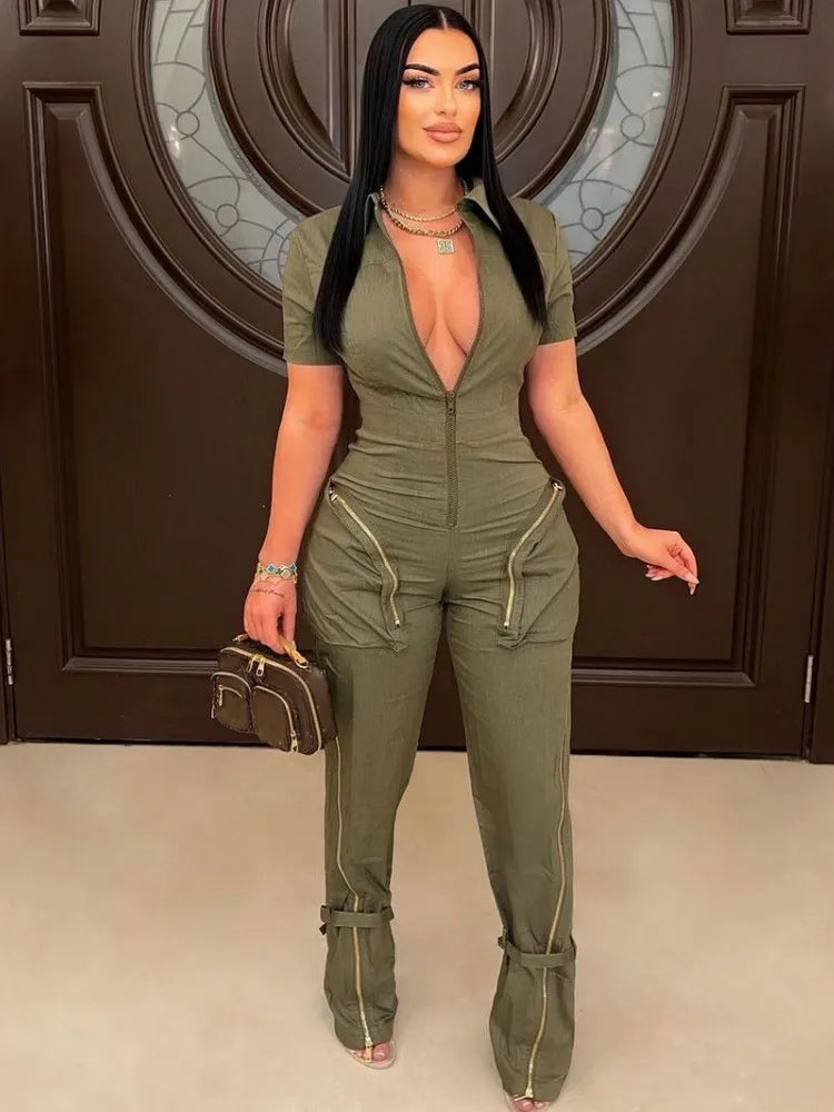 Solid Color Turn Down Collar Short Sleeve Romper Jumpsuit